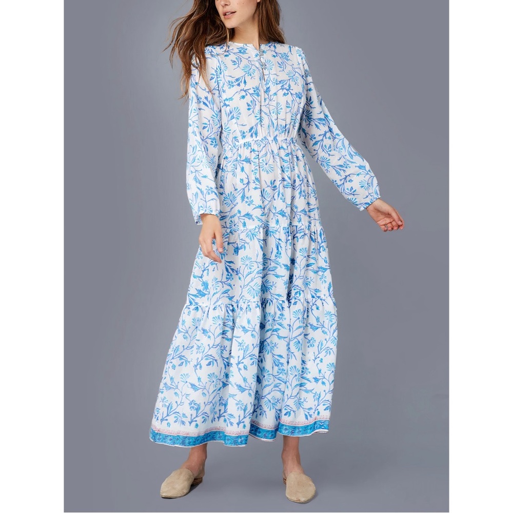 Christy Dawn The River Long-Sleeve Blue Floral Dress in Indian Block
